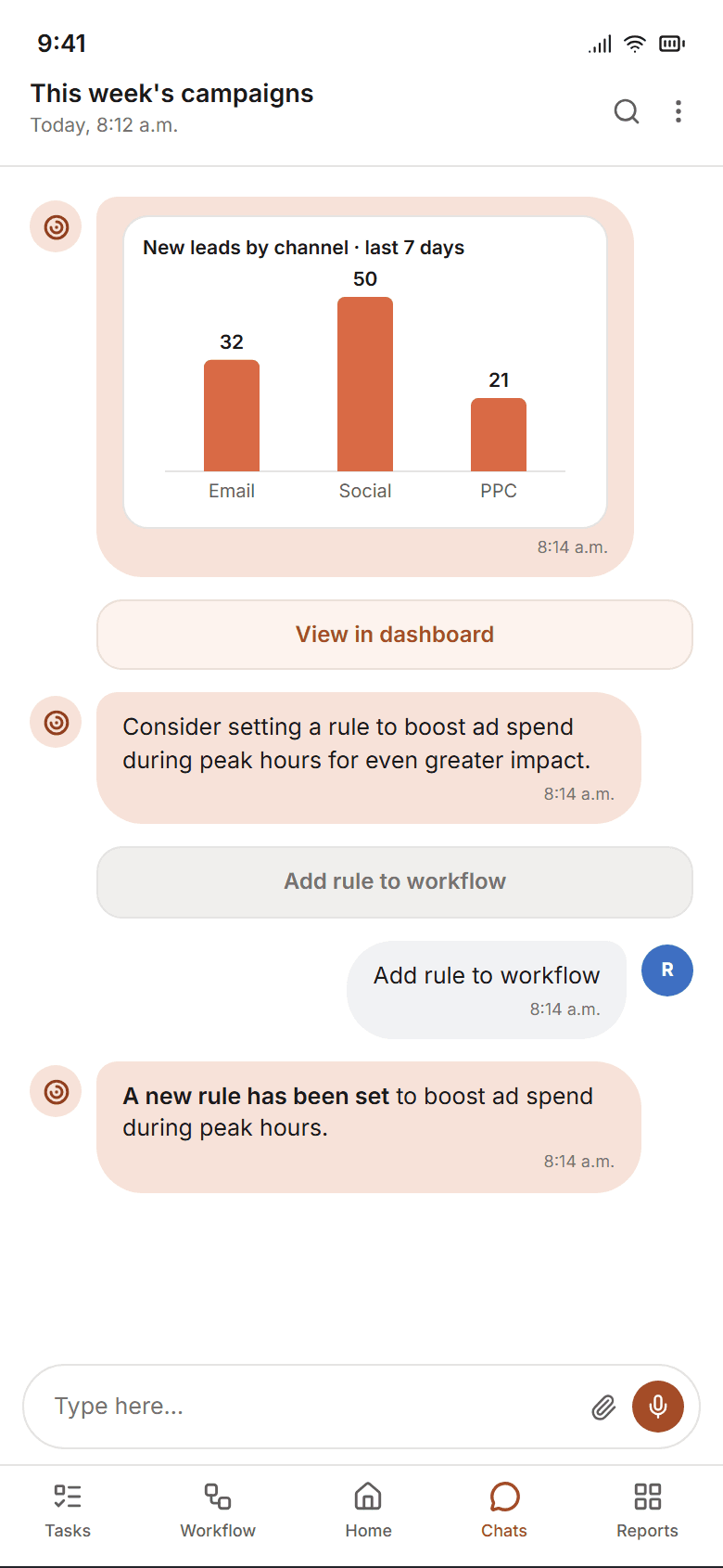 Chat: the suggested rule added to the workflow with one tap, and the confirmation