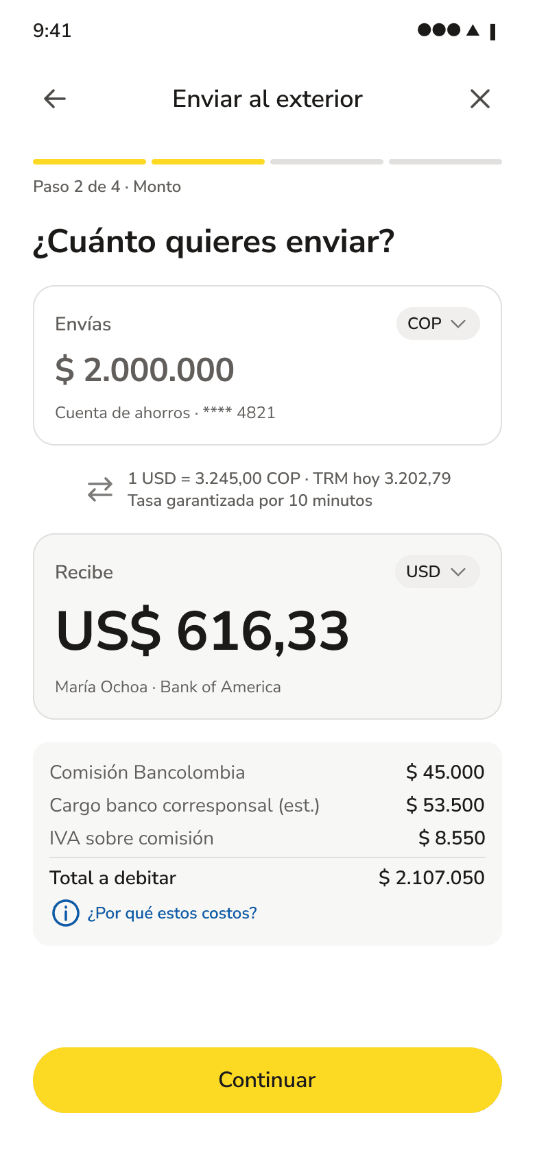A2, amount and rate: what lands is the lead number, with the official rate beside it