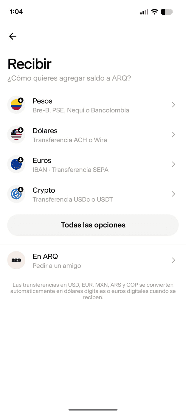 Arq: pesos, dollars, euros and crypto as rows of the same list
