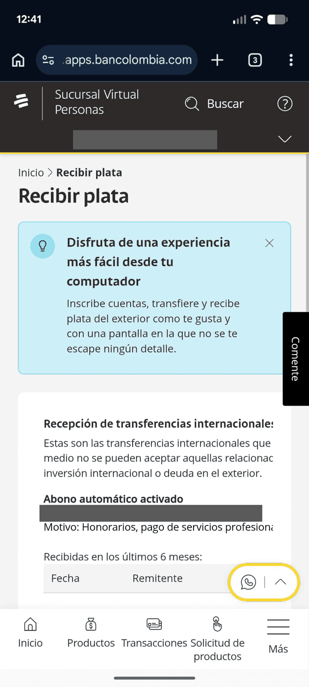 Bancolombia Sucursal Virtual, Recibir plata: the bank suggests moving to a computer