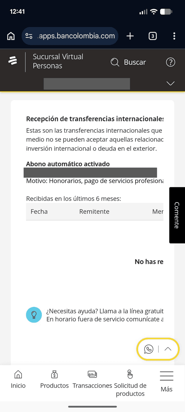 Bancolombia Sucursal Virtual: the received-transfers table cut off at the edge of the screen