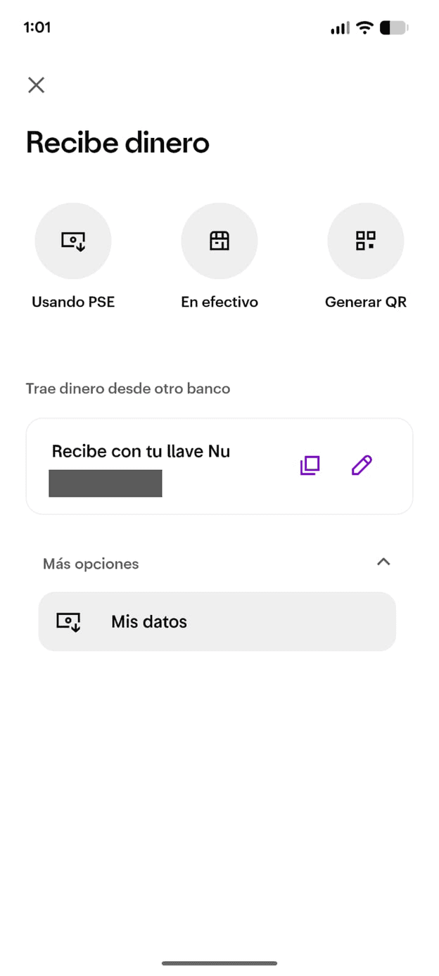 Nu: receive with your Nu key, with a copy button