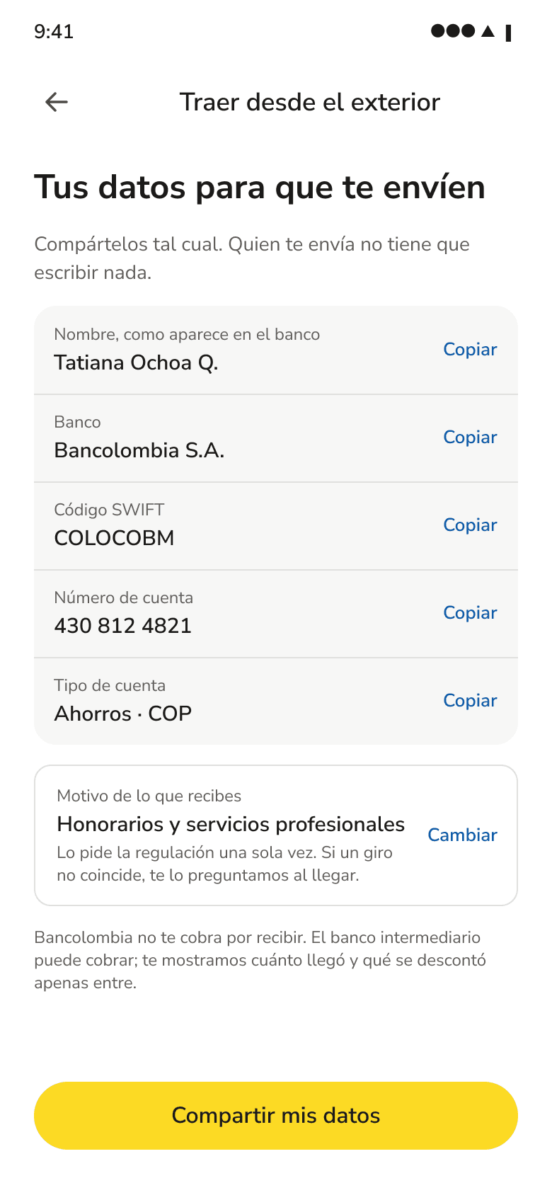 B0, your details so they can pay you: name, bank, SWIFT, account, each one copyable