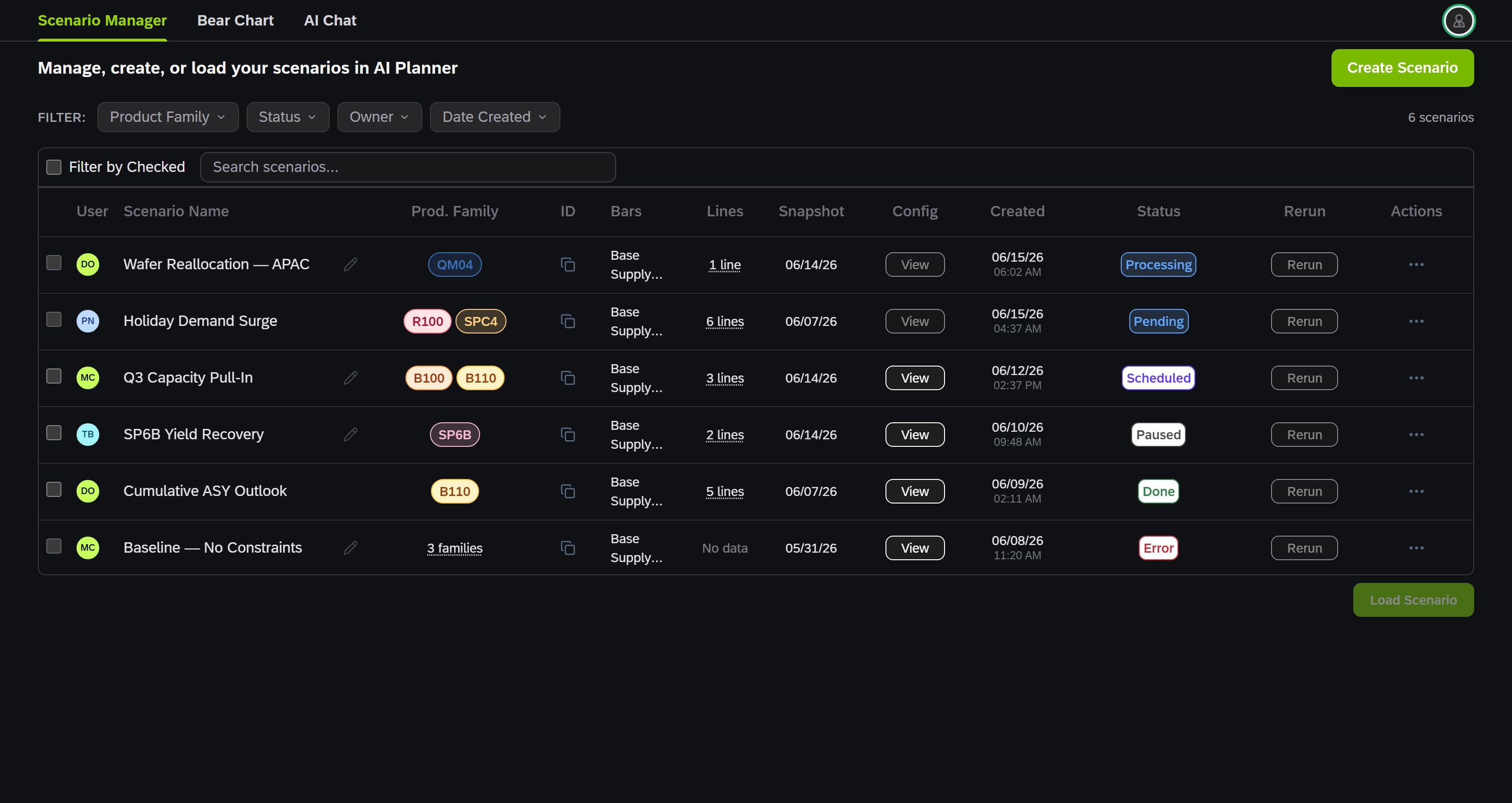 Scenario manager listing supply plans by product family, with status and snapshot per run