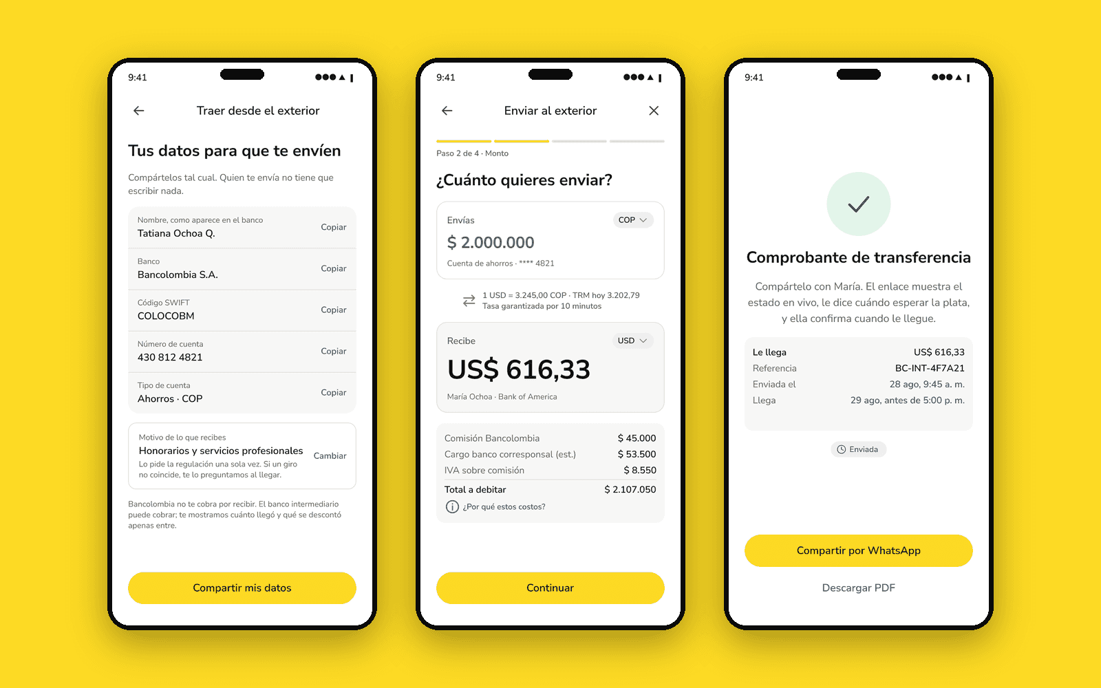 Three screens on Bancolombia yellow: your details to be paid, amount with the live rate, and the shareable receipt